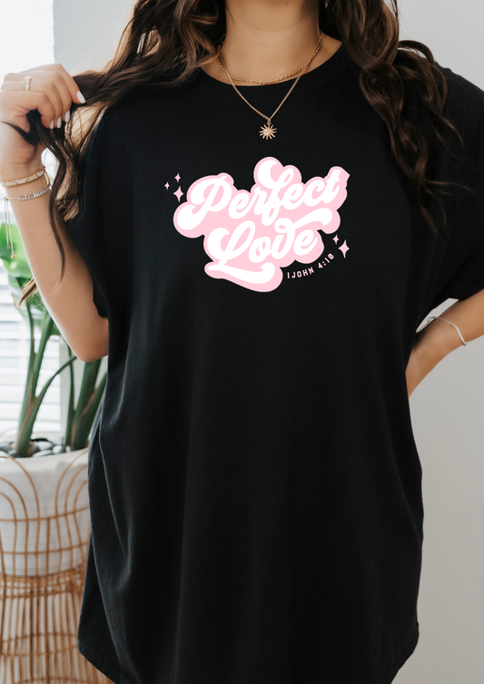 "PERFECT LOVE" black t-shirt (pink design)