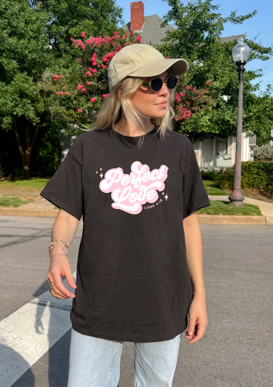 "PERFECT LOVE" black t-shirt (pink design)